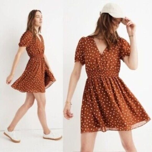 Madewell Smock Waist Dress Inkblot Polka Dot Mini Dress Rust/White Sz XS - Picture 1 of 11
